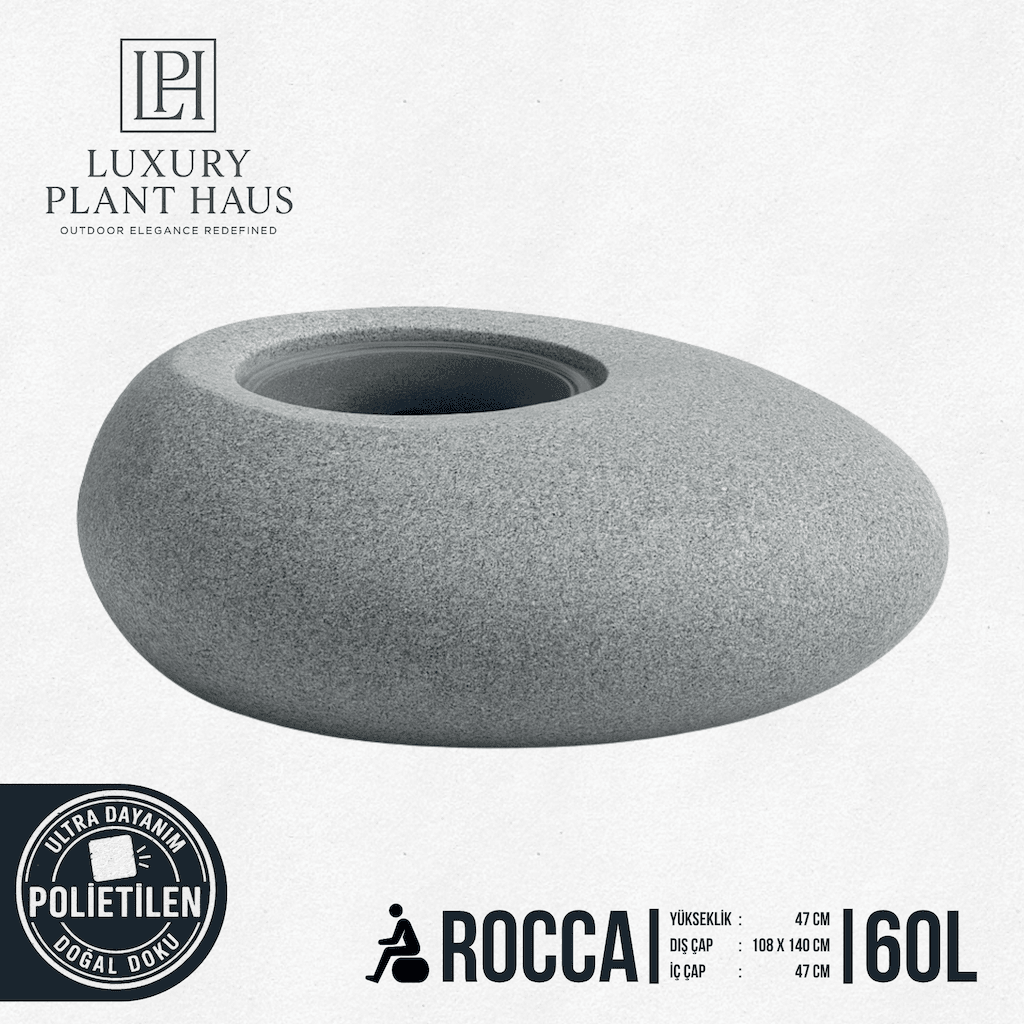 ROCCA Doğal Taş Dokulu Oturma ve Peyzaj Saksısı | Modern Bank Bahçe Saksısı (140x108 cm – 60 Litre)